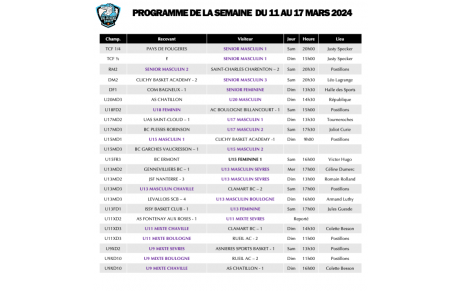 Programme de la semaine du 11 au 17 mars 2024